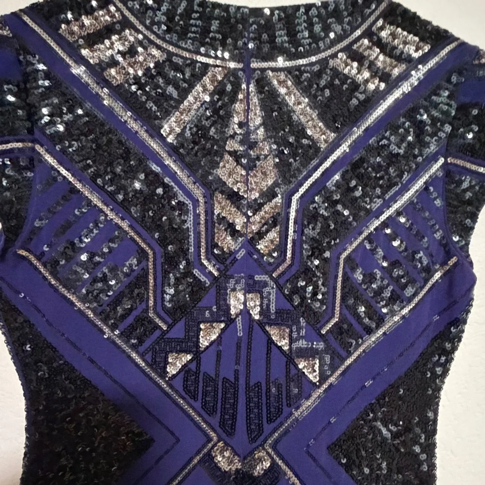 Express Womens Sequin Bodycon Dress Navy Blue Silver Geometric Art Deco Medium - Picture 2 of 8